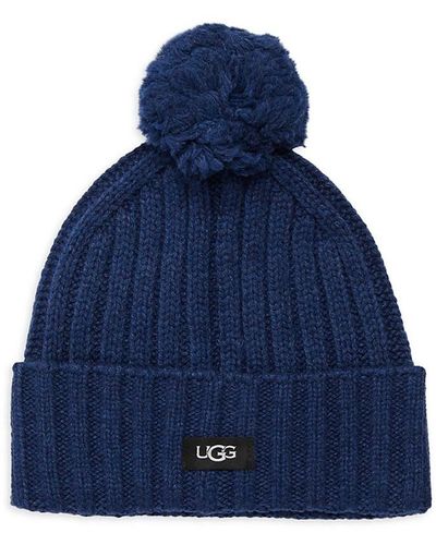 UGG Faux Fur Pom Rib Knit Beanie - Blue