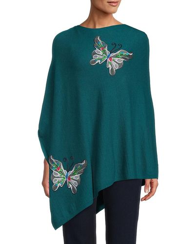 La Fiorentina Butterfly Embroidered Knit Poncho - Blue