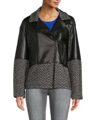 Karl Lagerfeld Herringbone Wool Blend Faux Leather Moto Jacket - Black