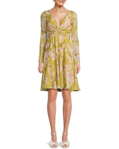 Nicole Miller Long Sleeve Floral Silk Dress - Yellow