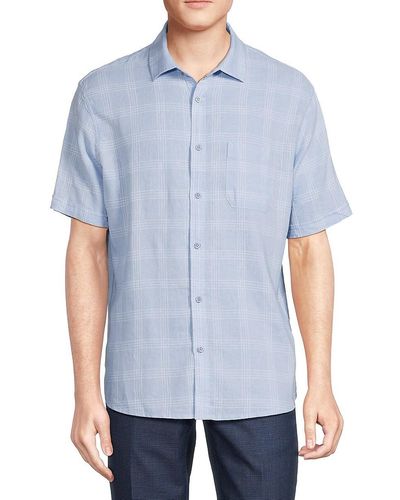 Saks Fifth Avenue Linen Blend Plaid Button Down Shirt - Blue
