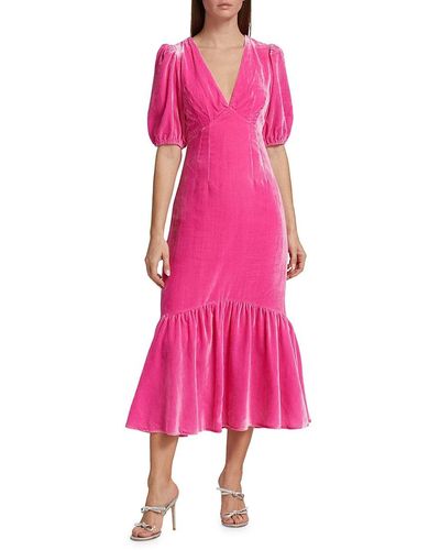RHODE Ester Puff Sleeve Velvet Midi Dress - Pink