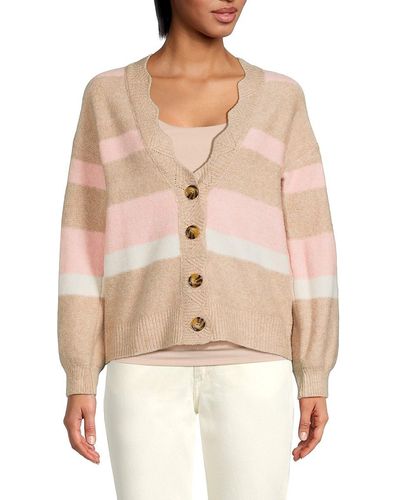 Bobeau Stripe Scalloped Cardigan - Natural