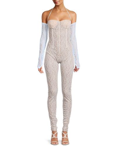 LAQUAN SMITH Sheer Lace Halterneck Catsuit - Gray