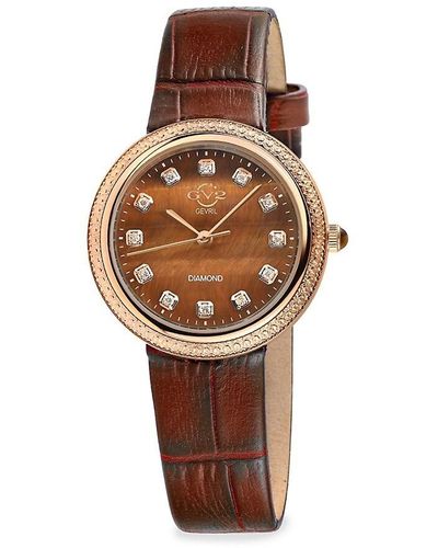 Gevril Arezzo 33mm Ip Rose Gold Stainless Steel, Tiger's Eye Cabochon, Diamond & Embossed Leather Strap Watch - White