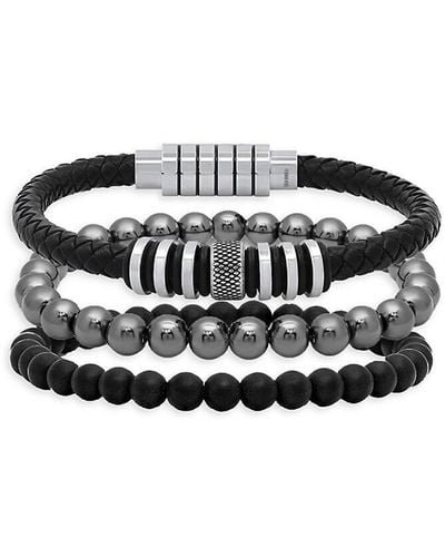 Anthony Jacobs 3-piece Leather, Stainless Steel & Hematite Bracelet Set - Black