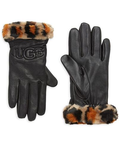 UGG Logo Leather & Faux Fur Cuff Gloves - Black