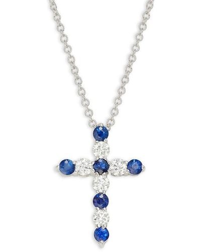 Effy 14k White Gold, Sapphire & Diamond Cross Pendant Necklace