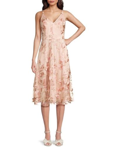 Vince Camuto Floral Embroidered Mesh Midi Dress - Pink