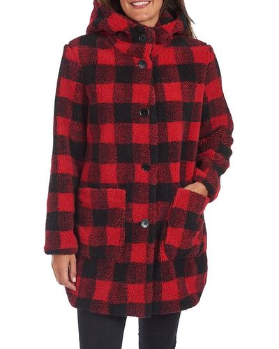 Kensie 'Faux Fur Hooded Plaid Coat - Red