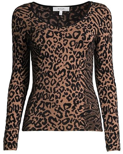 MILLY Scoopneck Leopard-print Knit Top - Natural