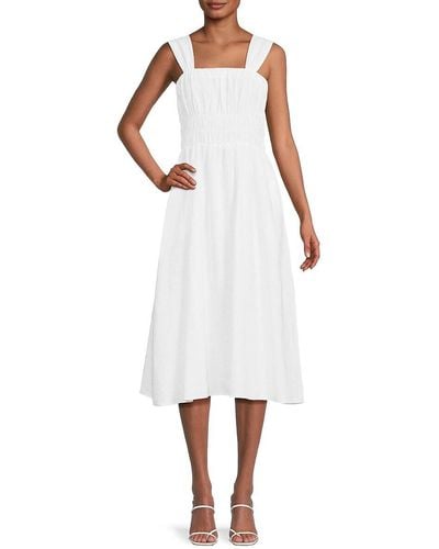 Saks Fifth Avenue Smocked 100% Linen Midi Dress - White