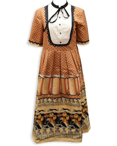Temperley London Fox Print Pleated Bib Collar Midi Dress In Orange Cotton - Metallic