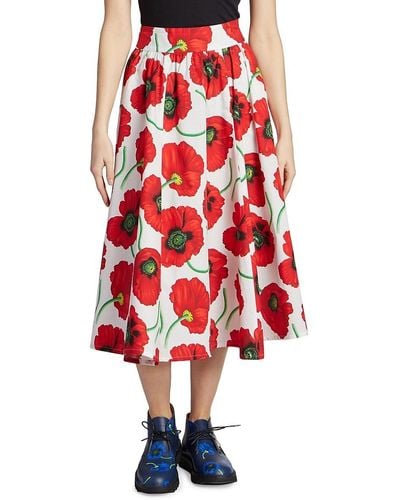 KENZO Pleated Floral Midi-Skirt - Red