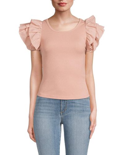 Line & Dot Maggie Ribbed Flutter Sleeve Fitted Top - Blue