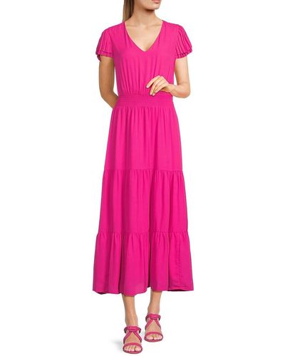 Nanette Lepore Smocked Tiered Midi Dress - Pink