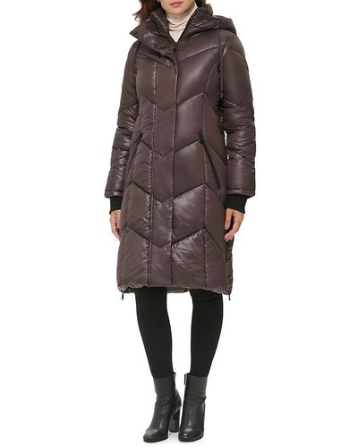 Kenneth Cole Chevron Quilted Puffer Coat - Brown
