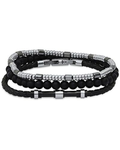 Hickey Freeman 3-piece Stainless Steel, Hematite, Lava Bead & Leather Bracelet Set - Black