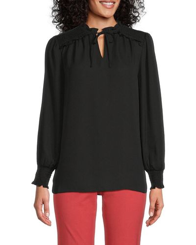 Adrianna Papell Shirred Keyhole Tie Blouse - Black