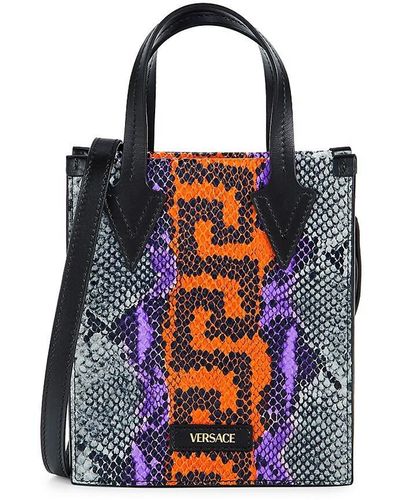Versace Small Snakeskin Pattern Leather Tote - Blue