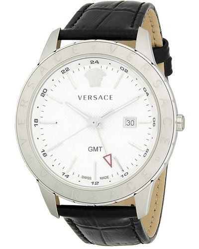 Versace Analog Stainless Steel Leather Strap Watch - Gray