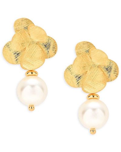Saks Fifth Avenue 18k Goldplated Sterling Silver & 8mm Freshwater Pearl Floral Drop Earrings - Metallic