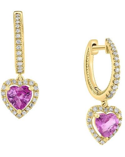 Effy 14k Yellow Gold, Pink Sapphires & Diamond Huggie Heart Hoop Earrings - Metallic