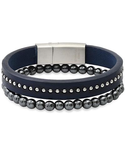 Anthony Jacobs 2-piece Stainless Steel, Leather & Hematite Bracelet Set - Blue