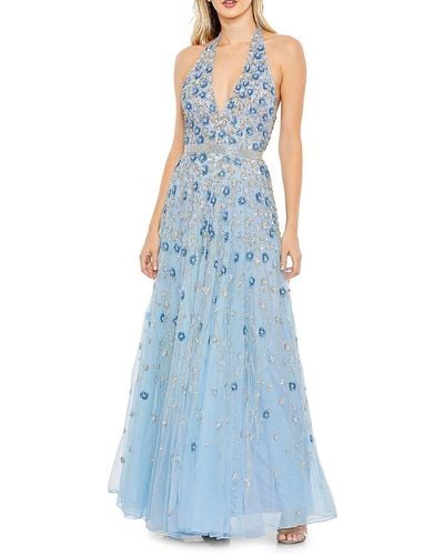 Mac Duggal Floral Sequin A Line Gown - Blue