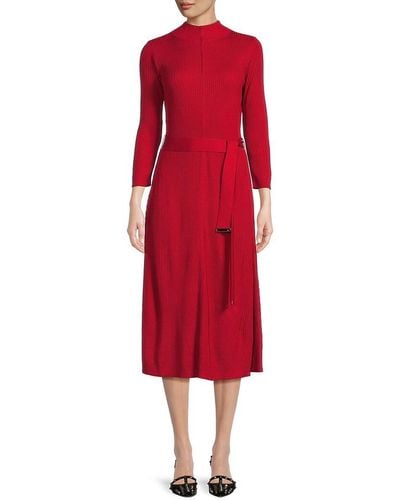 Calvin Klein Ribbed Belted Sweater Dress - Red