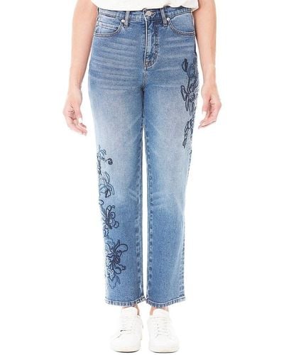 Nicole Miller Embroidered High Rise Slim Straight Jeans - Blue