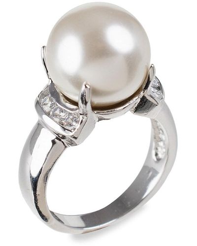 CZ by Kenneth Jay Lane Look Of Real Rhodium Plated 12Mm Round Mother-Of-Pearl & Cubic Zirconia Ring - Multicolor