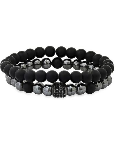 Anthony Jacobs 2-piece Stainless Steel, Lava, Hematite & Crystal Beaded Bracelet Set - Black