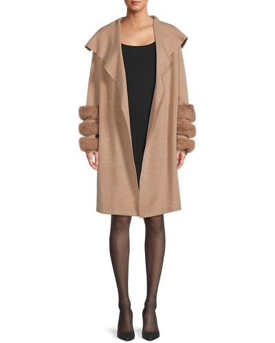Saks Fifth Avenue Saks Fifth Avenue Faux Fur Sleeve Wrap Coat - Natural
