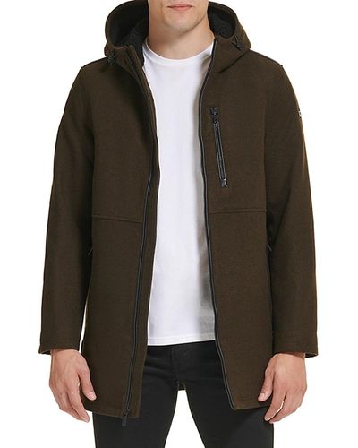 Kenneth Cole Faux Shearling Hooded Wool Blend Coat - Brown