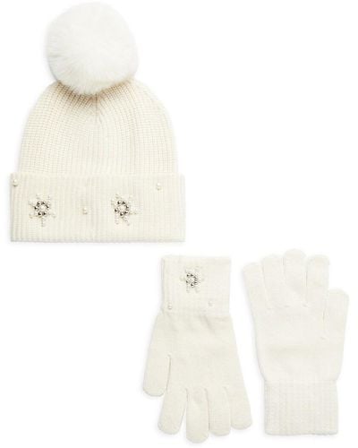 Saks Fifth Avenue 2-Piece Faux Fur Embellished Beanie & Gloves Set - White