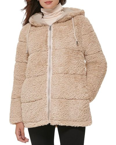 Kenneth Cole Quilted Zip Faux Fur Jacket - Brown