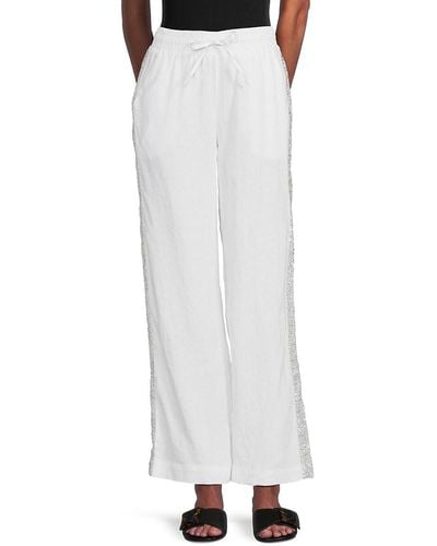 Saks Fifth Avenue Sequin Trim 100% Linen Pants - White