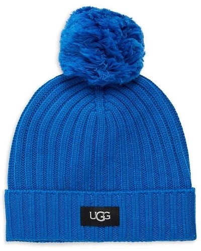UGG Kid's Wool Blend & Faux Fur Pom Beanie - Blue
