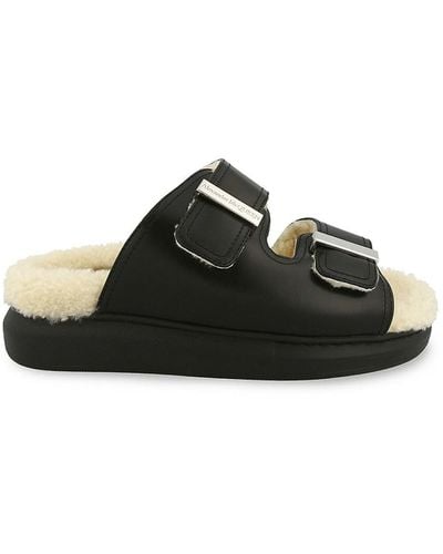 Alexander McQueen Leather Faux Fur Lined Flat Sandals - Black