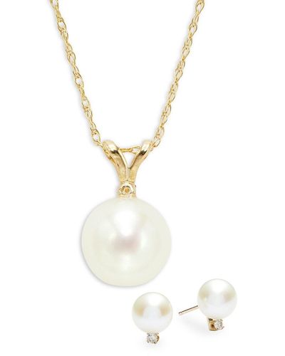 Belpearl 2-Piece 14K, 7Mm Cultured Freshwater Pearl & Diamond Pendant Necklace & Stud Earrings Set - Metallic