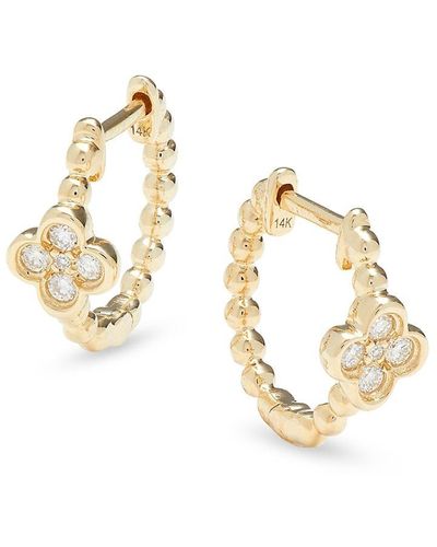 Saks Fifth Avenue Saks Fifth Avenue 14k Yellow Gold & 0.1 Tcw Diamond Clover Hoop Earrings - Metallic