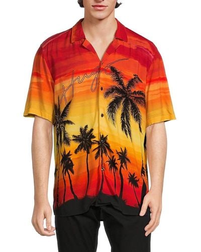HUGO Ellino Beach Print Camp Shirt - Orange