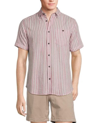 Report Collection Short Sleeve Striped Button Down Shirt - Red