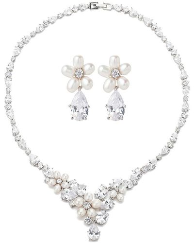 Eye Candy LA Luxe Emma 3Mm Oval Freshwater Pearl & Crystal Necklace & Drop Earrings Set - White