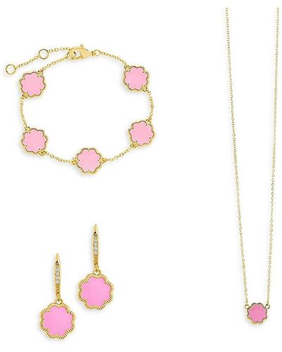 Sterling Forever 3-piece 14k Goldplated, Pink Turquoise Flower Earrings, Necklace & Bracelet Set - White