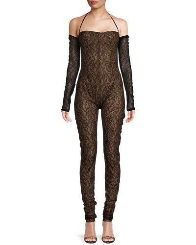 LAQUAN SMITH Sheer Lace Halterneck Catsuit - Brown