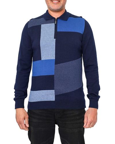 VELLAPAIS Colorblock Quarter Zip Polo Sweater - Blue
