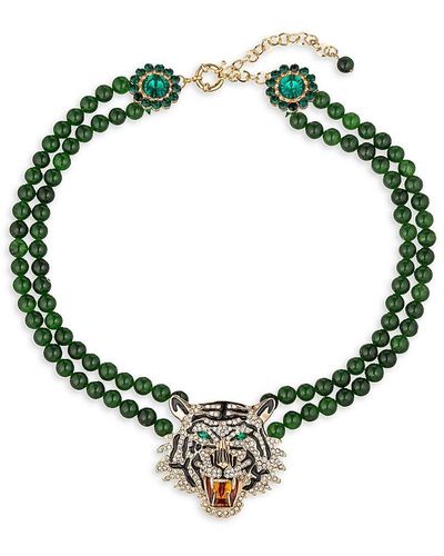 Eye Candy LA Luxe Tiger's Eye, Brass, Agate & Cubic Zirconia Statement Necklace - Green