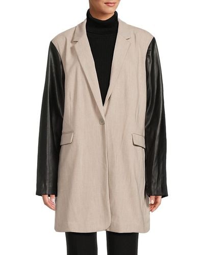DKNY Mixed Media Faux Leather Sleeve Longline Jacket - Natural